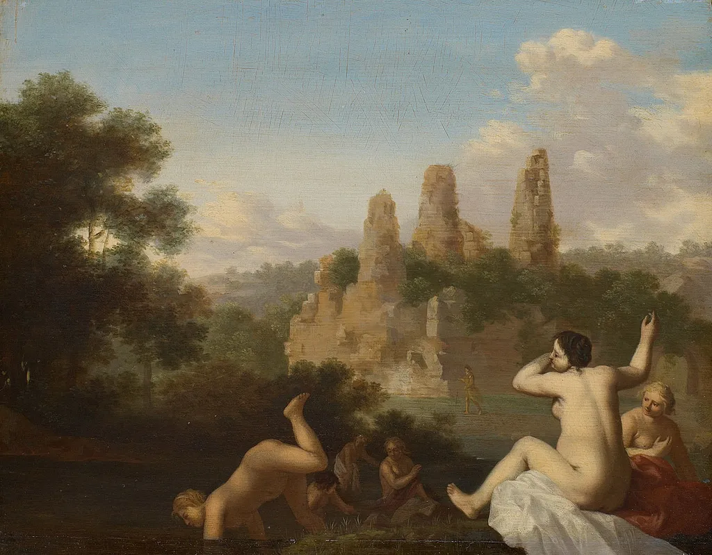 Landschaft bei Albano mit badenden Mädchen (Im Hintergrund das Grabmal der Horatier und Curatier), by Cornelius van Poelenburgh, unspecified, 1635