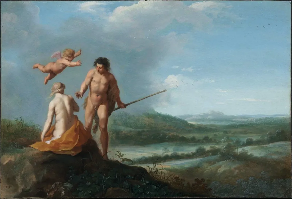 Nymph and Shepherd in a Landscape, by Cornelius van Poelenburgh, oil, 1630