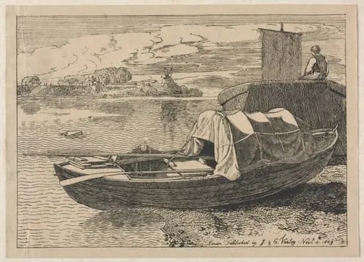 Boats on a River, Windmill in Distance, by Cornelius Varley