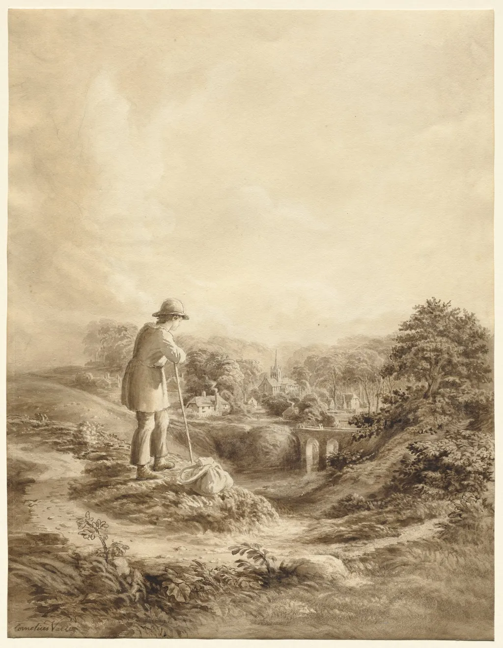 Landscape with Figure in Foreground, by Cornelius Varley, 1840
