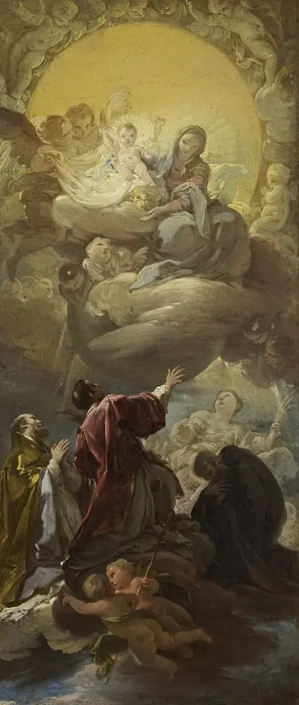 Madonna and Child in Glory appearing to St Stephen and three other Saints, by Corrado Giaquinto