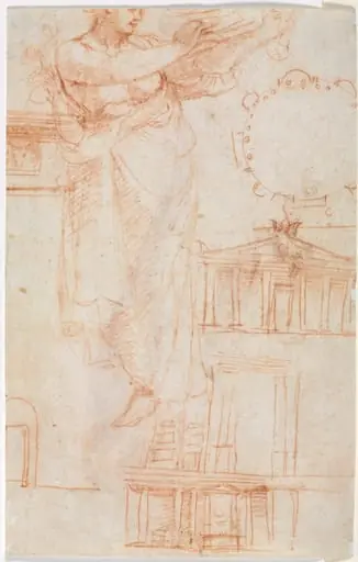 A Draped Female Figure (possibly an Amazon) and Architectural Studies (verso), by Correggio