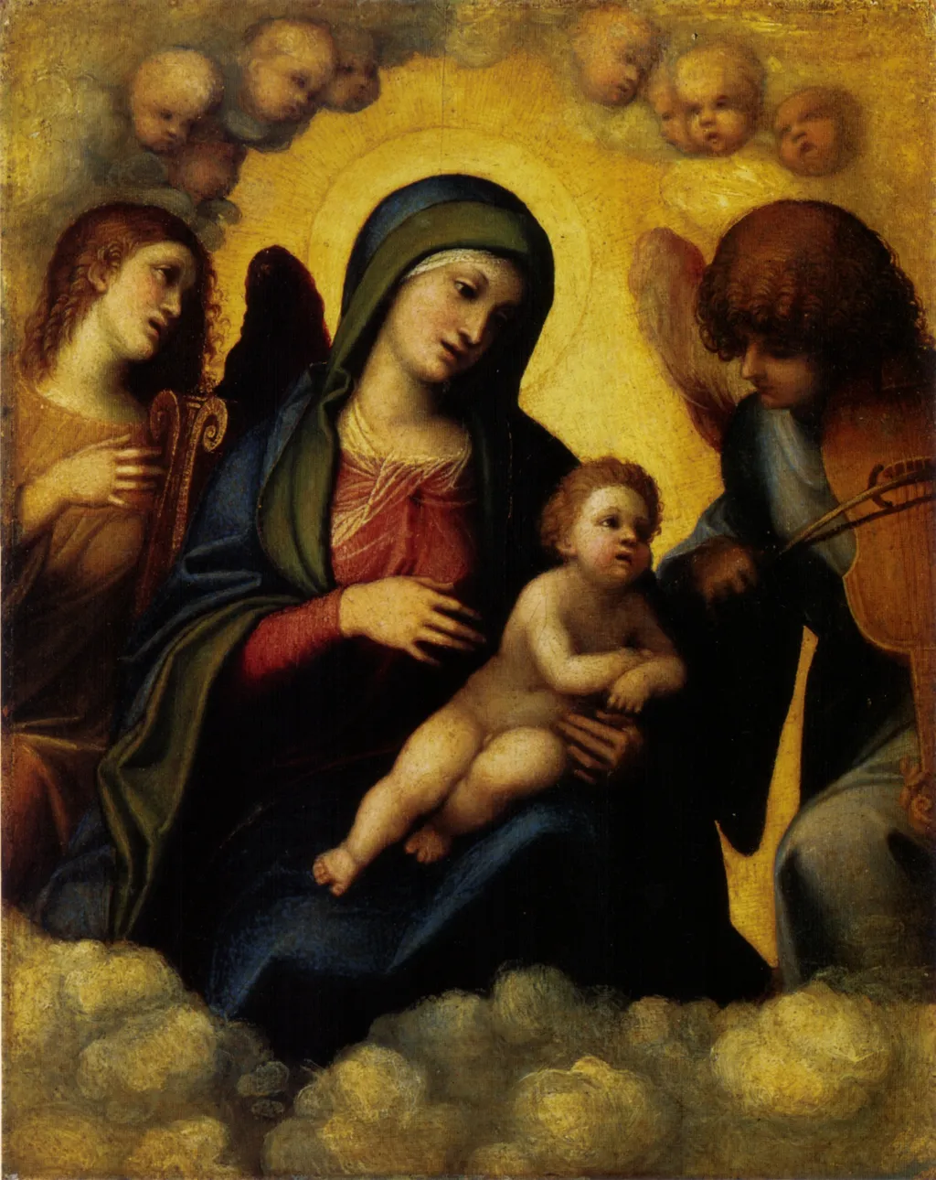 Madonna with child and two angel musicians, by Correggio, oil, 1515