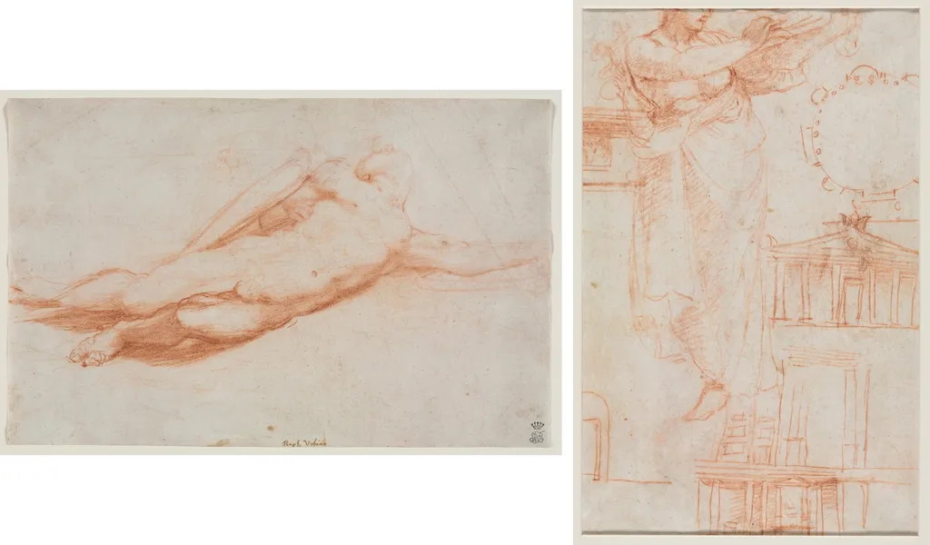 Study of a Fallen Soldier (possibly the Conversion of Saul) (recto); A Draped Female Figure (possibly an Amazon) and Architectural Studies (verso), by Correggio, 1525