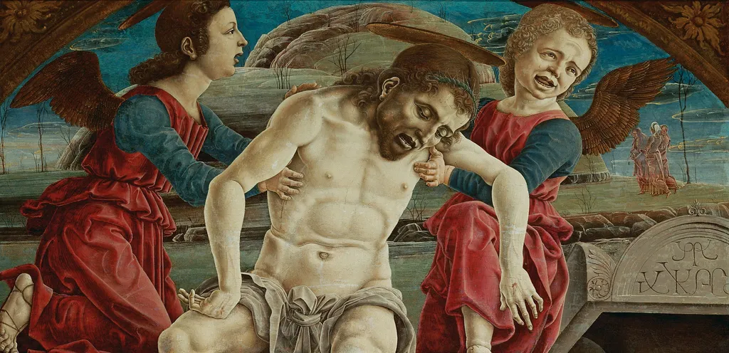 Body of Christ held by angels, by Cosimo Tura, oil, 1465