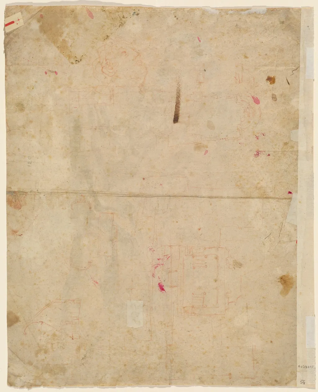 The Head of Saint George and Architectural Plans (verso), by Cosmas Damian Asam, chalk, 1720