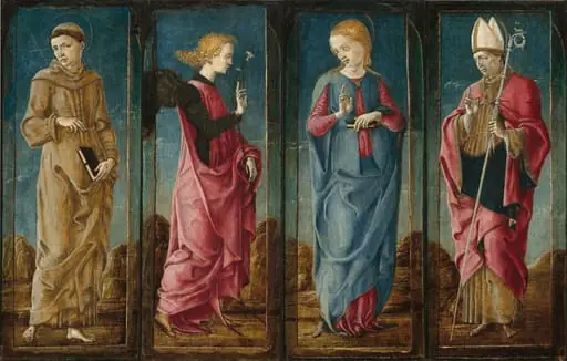 The Annunciation with Saint Francis and Saint Louis of Toulouse [four panels], by Cosmè Tura