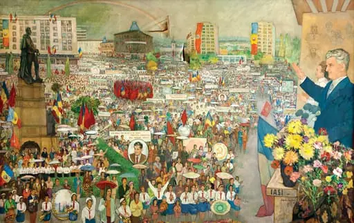 Tablou ”Mitingul din Piața Unirii din Iași de la 15 septembrie 1980”, semnat Costache Agafiței și datat în partea dreaptă jos. Tabloul îi înfățișază pe Elena și pe Nicolae Ceaușescu la balcon salutând mulțimea adunată în Piața Unirii din Iași. Comandat de Comitetul Județean de Partid Iași și dăruit soților Ceaușescu în octombrie 1981., by Costache Agafiței
