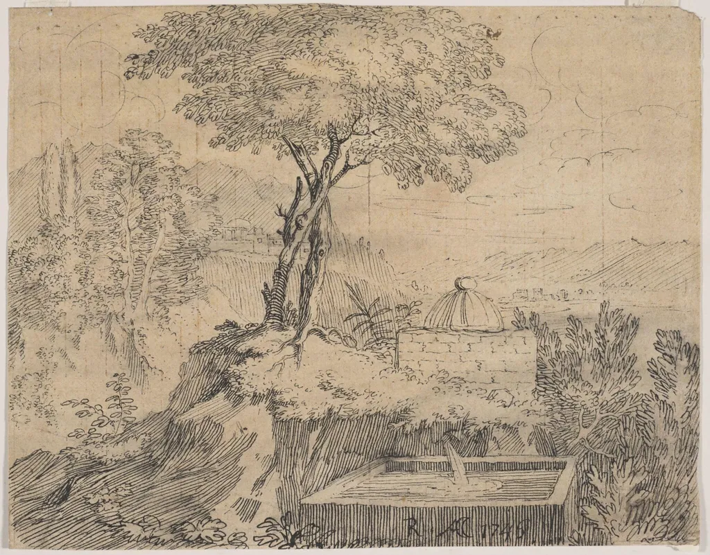 Landscape near Rome, with a cistern in the foreground, by Cozens, 1746
