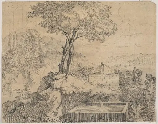 Landscape near Rome, with a cistern in the foreground, by Cozens