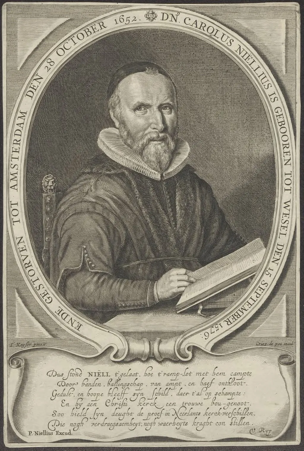 Portrait of Carolus Niëllius, Remonstrant minister, by Crispijn van de (II), Passe, unspecified, 1650