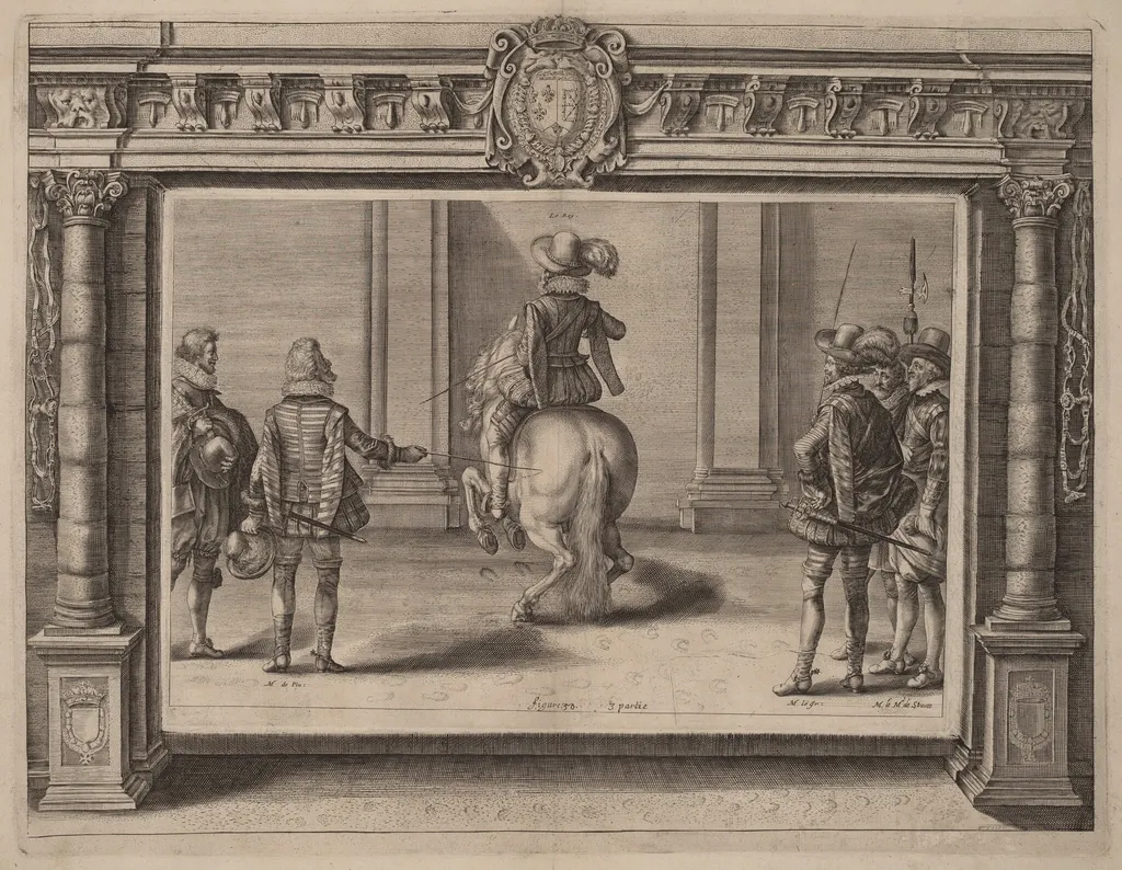 Louis XIII on Horseback, Receiving Instruction, by Crispijn van de Passe II, ink, 1625