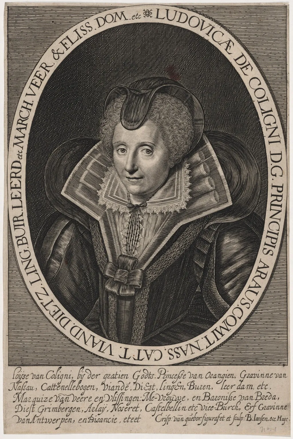 Louise de Coligny, Fourth Wife of William I of Orange, by Crispyn van den Queboorn, ink, 1628