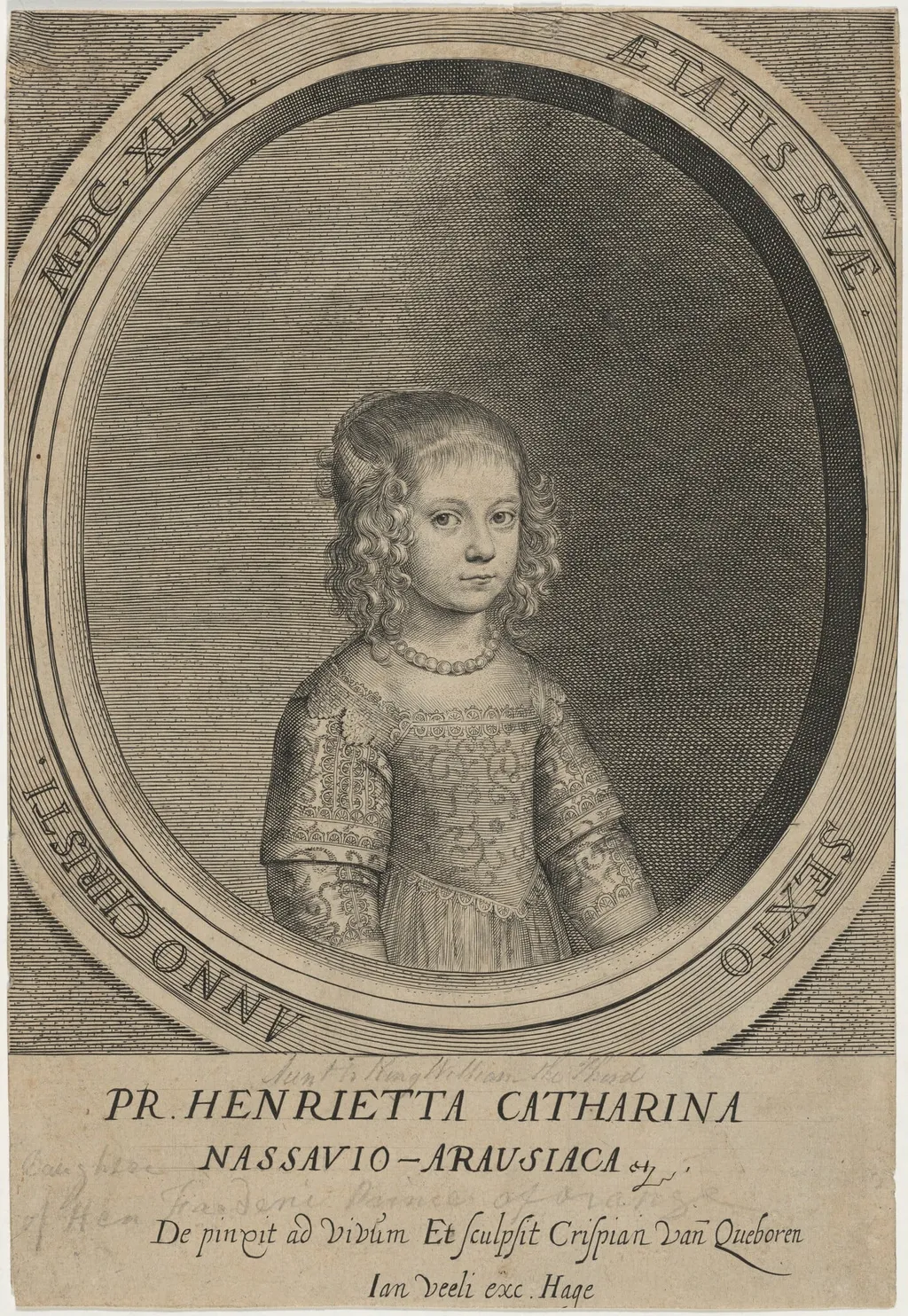 Princess Henrietta Catharina, Sister of William II of Orange, by Crispyn van den Queboorn, ink, 1628