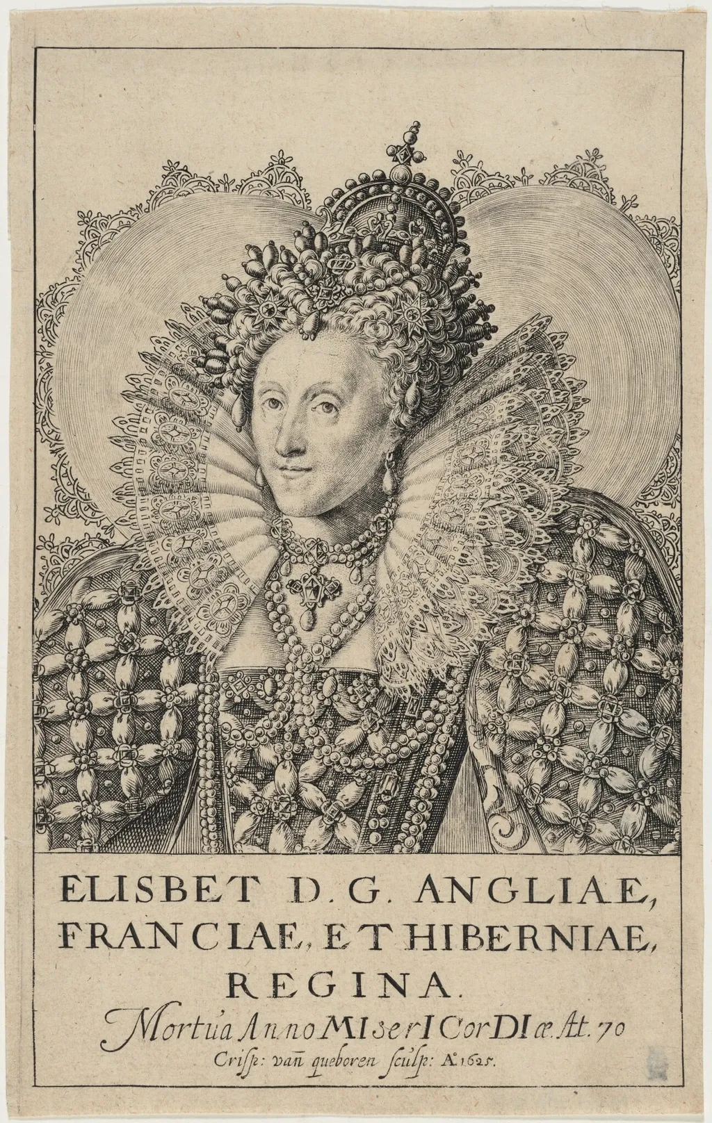 Queen Elizabeth, by Crispyn van den Queboorn, ink, 1625