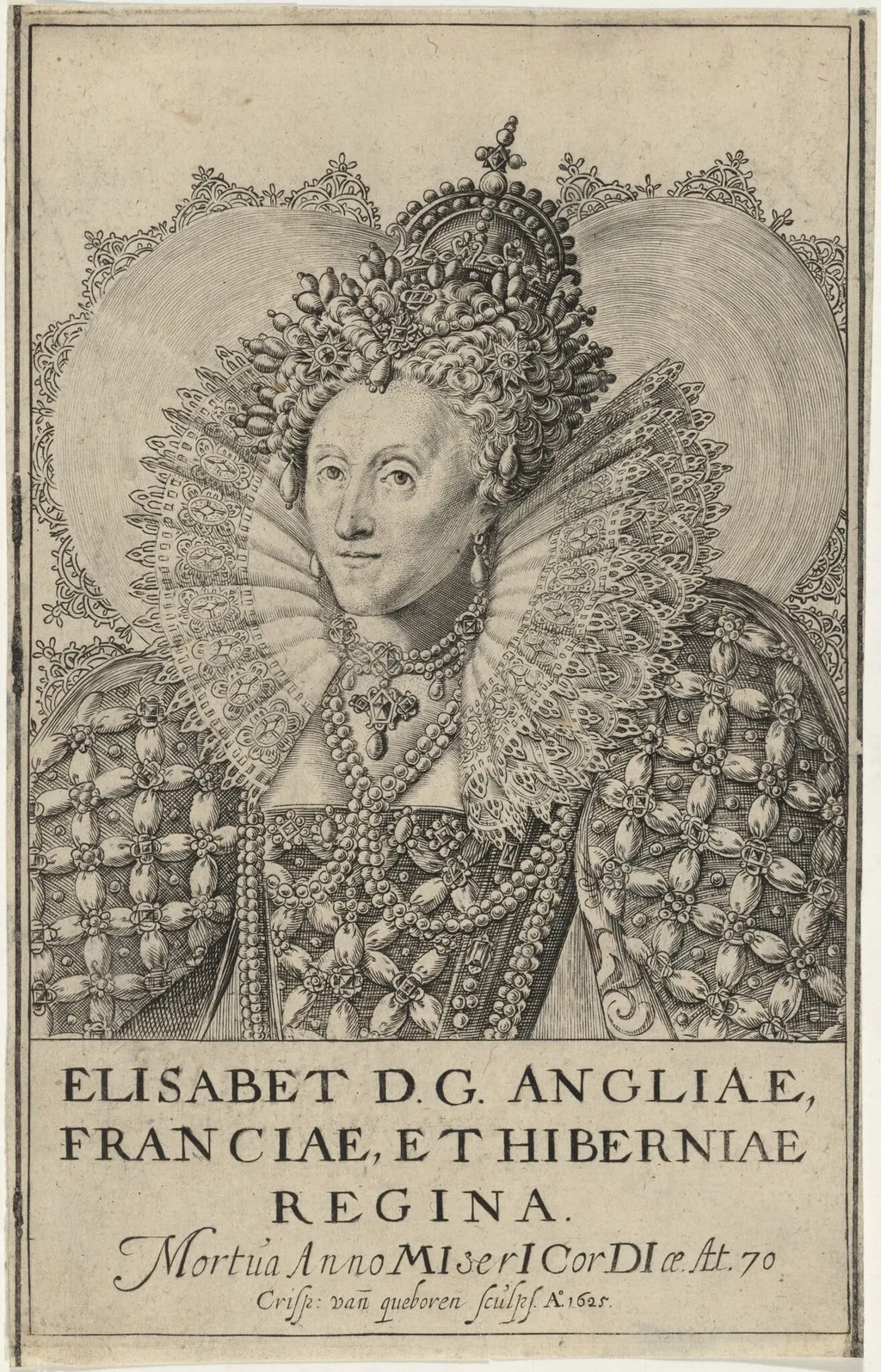 Queen Elizabeth, by Crispyn van den Queboorn, ink, 1625