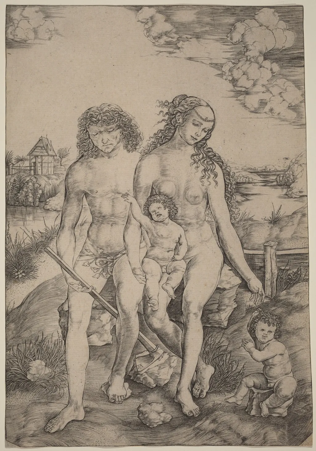 Adam and Eve with the Infants Cain and Abel, by Cristofano Robetta, ink, 1498