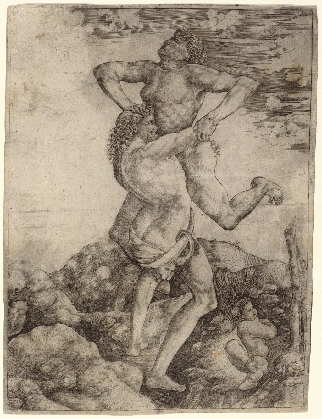 Hercules and Antaeus, by Cristofano Robetta, ink, 1500