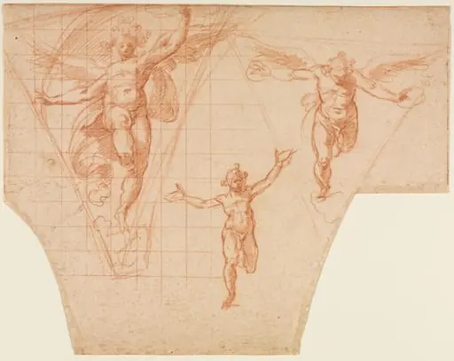 Three Studies of Angels for a Pendentive (recto), by Cristoforo Roncalli