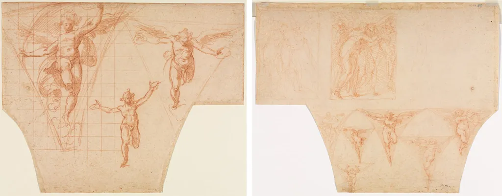 Three Studies of Angels for a Pendentive (recto); Studies for Christ Meeting His Mother on the Road to Calvary, Studies of an Angel in a Pendentive (verso), by Cristoforo Roncalli, 1602