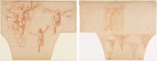 Three Studies of Angels for a Pendentive (recto); Studies for Christ Meeting His Mother on the Road to Calvary, Studies of an Angel in a Pendentive (verso), by Cristoforo Roncalli