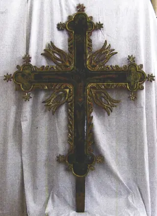 Cruce de tâmplă; Icoană pe lemn: Iisus Răstignit, 1810
