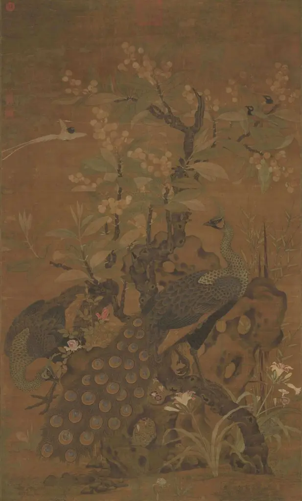 Peacocks and a Loquat Tree, by Cui Bai