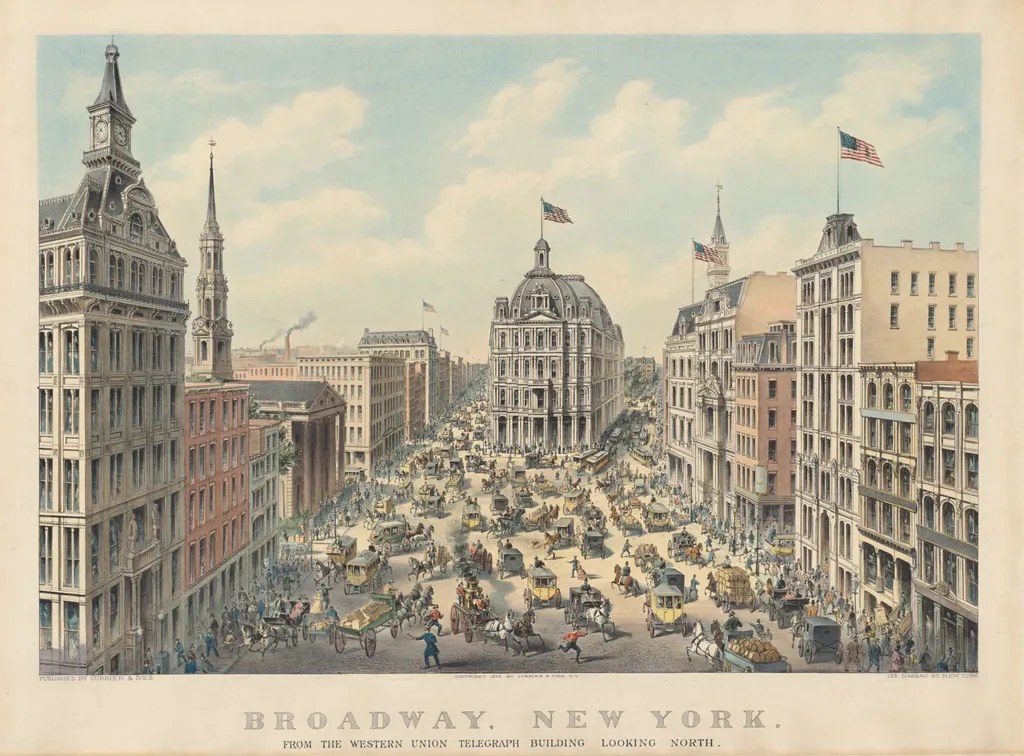 Broadway, New York: From the Western Union Telegraph Building Looking North, by Currier and Ives, ink, 1875