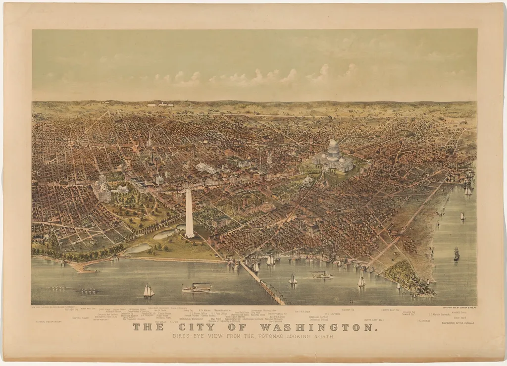 The City of Washington: Bird's-Eye View from the Potomac—Looking North, by Currier and Ives, ink, 1892