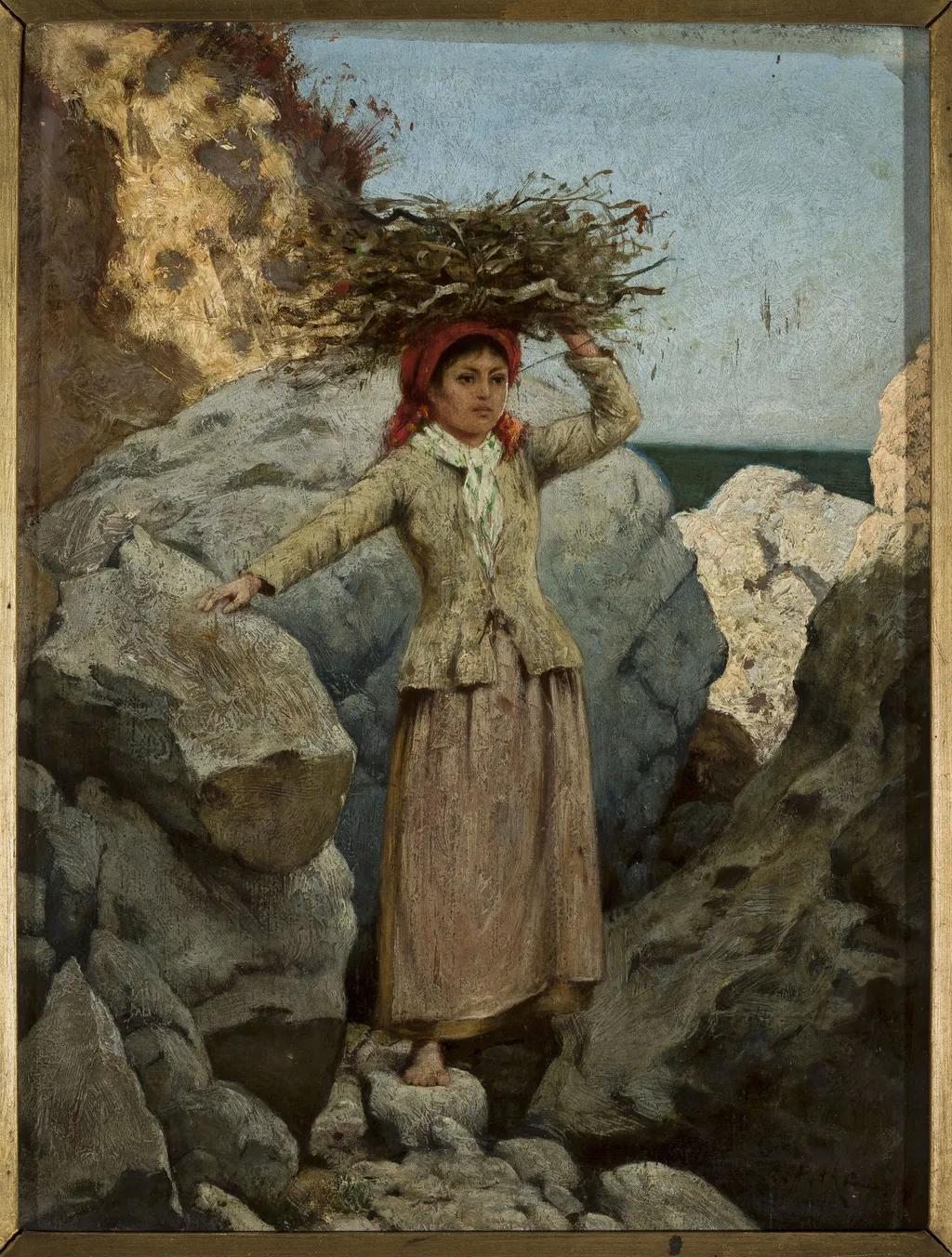 Annunziata. Girl with a bunch of brushwood on her head, by Curt Agthe, oil, 1898