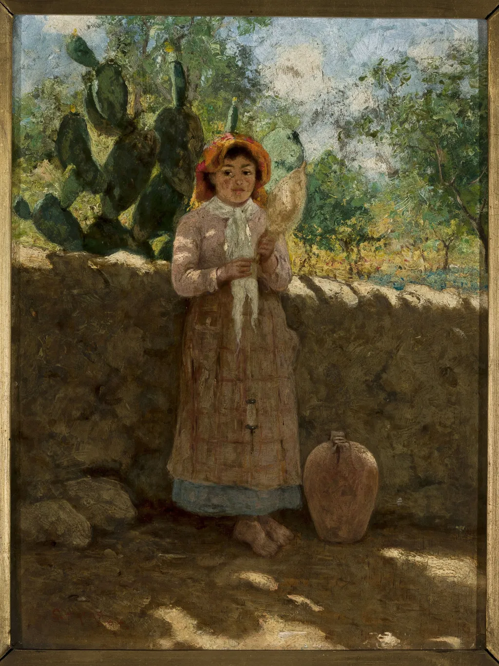 Vincenziana – girl with a distaff against a wall, by Curt Agthe, oil, 1898