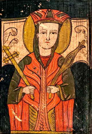 Cuvioasa Paraschiva este redată 3/4, frontal, într-o tehnică inspirată de xilogravură. Sfânta are o coroană deschisă pe cap, încadrată de aureola pictată cu galben. Fața este pătrată, încadrată de părul stilizat(sau maforion), fruntea înaltă, ochii prelungi, cu spâncene subțiri, nasul și gura mici, expresia sobră, carnația roz. În mâna dreaptă(ambele mâini redate neanatomic) ține o cruce treflată, în cealaltă un sceptru floral. Veșmintele au mânecile verzi, restul fiind roșii, încheiate în față cu o bandă mai deschisă, poale verzi. Faldurile redate prin linii ondulate albe. Sfânta este plasată pe fondul unui tron cu spătar bleumarin, culoare care se regăsește pe banda orizontală de sus unde este scrisă inscripția și datarea.Porțiunea dintre aceste elemente este albicioasă, cu câte două elemente fitomorfe redate prin desen. Cromatica este sobră, desenul simplu, naiv.