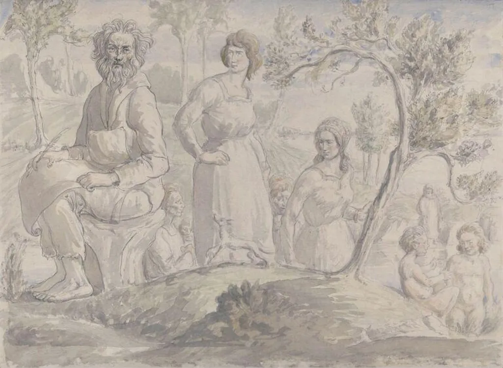 Figures in a wooded landscape, by Cyril Goldie, watercolor, 1912