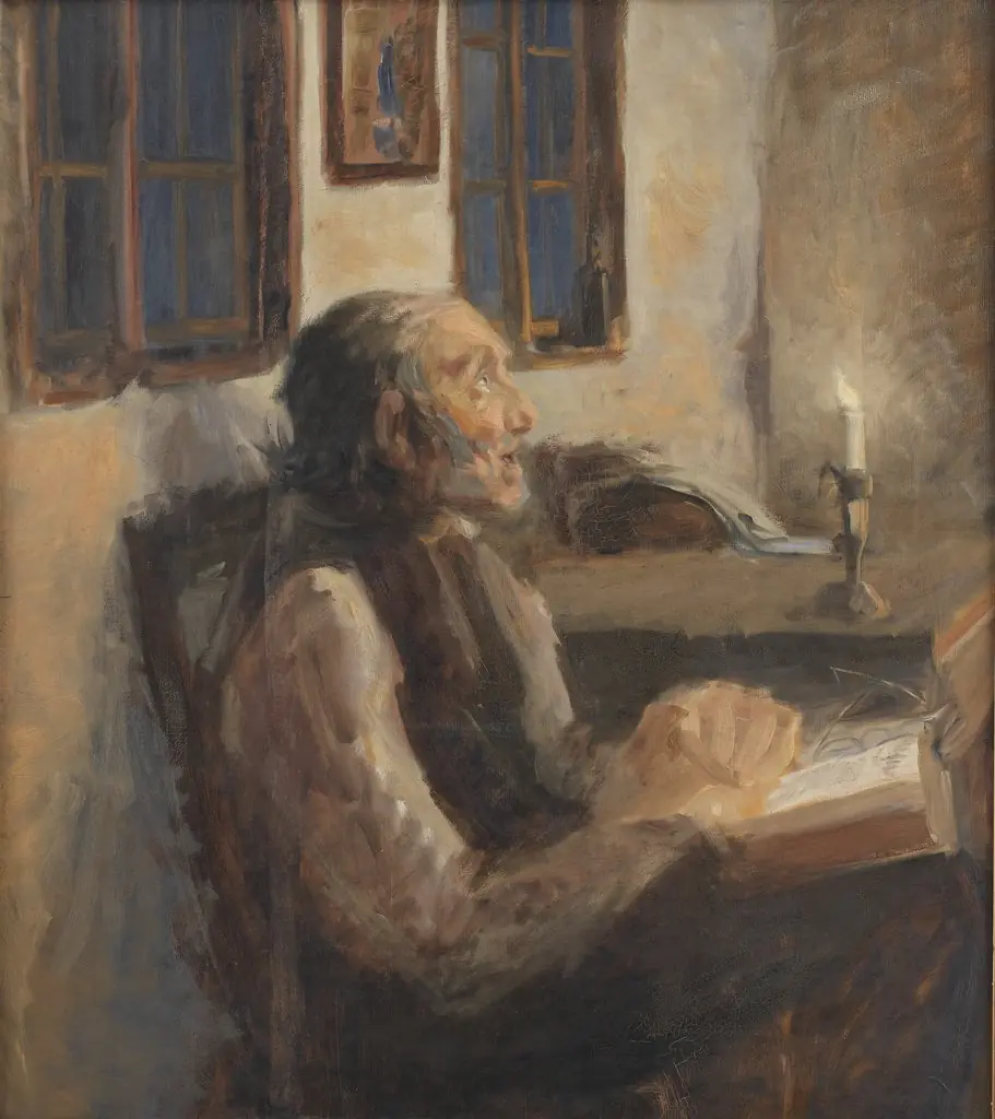 Den gamle mand ved spedelyset, by H. A. Brendekilde, oil, 1900