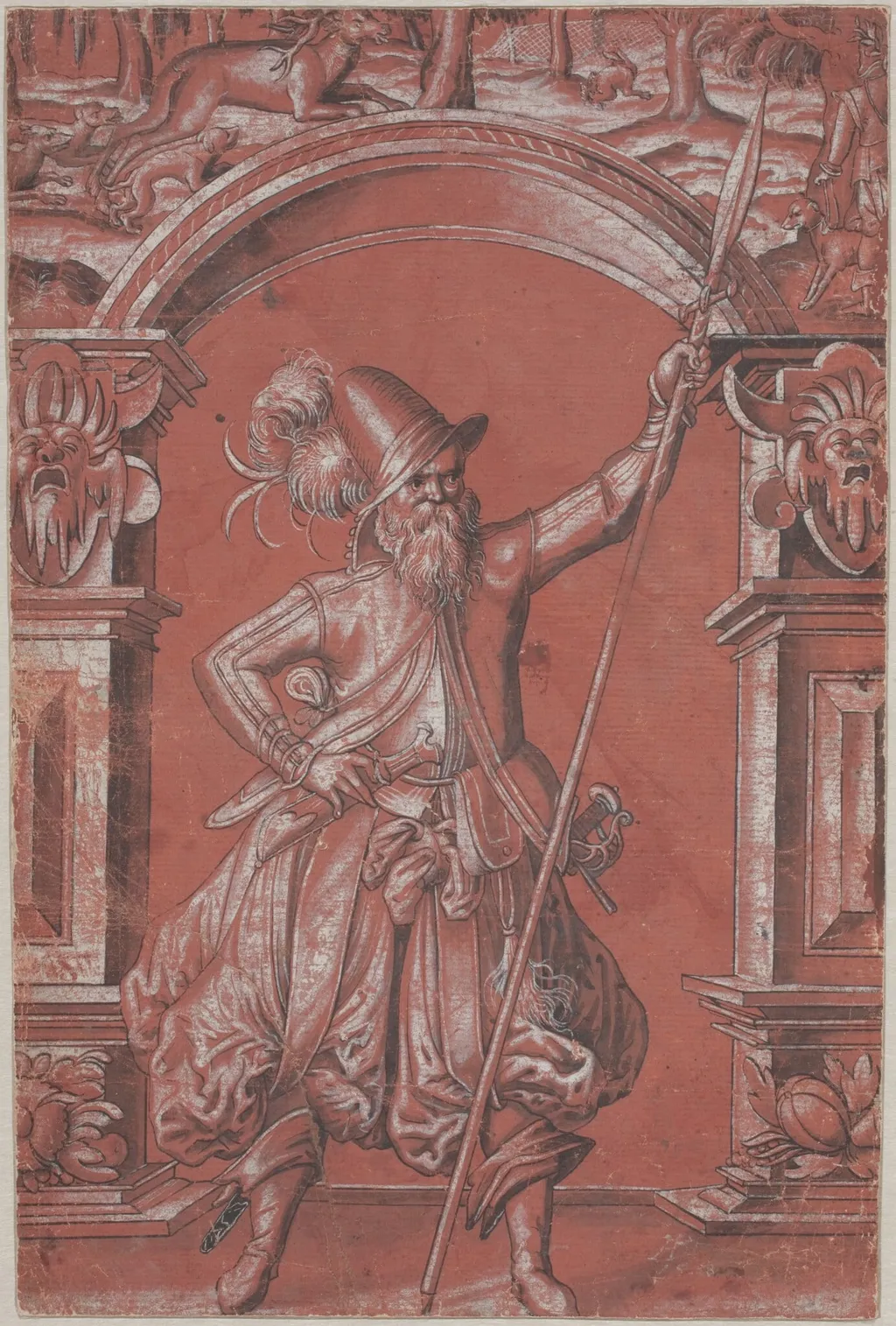 A Swiss Guard before an Ornamental Arch (recto), by Abraham Bickhart, ink, 1568