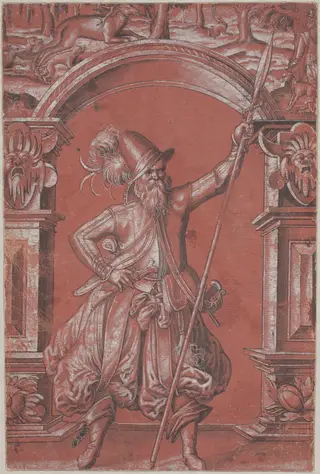 A Swiss Guard before an Ornamental Arch (recto), by Abraham Bickhart, ink, 1568