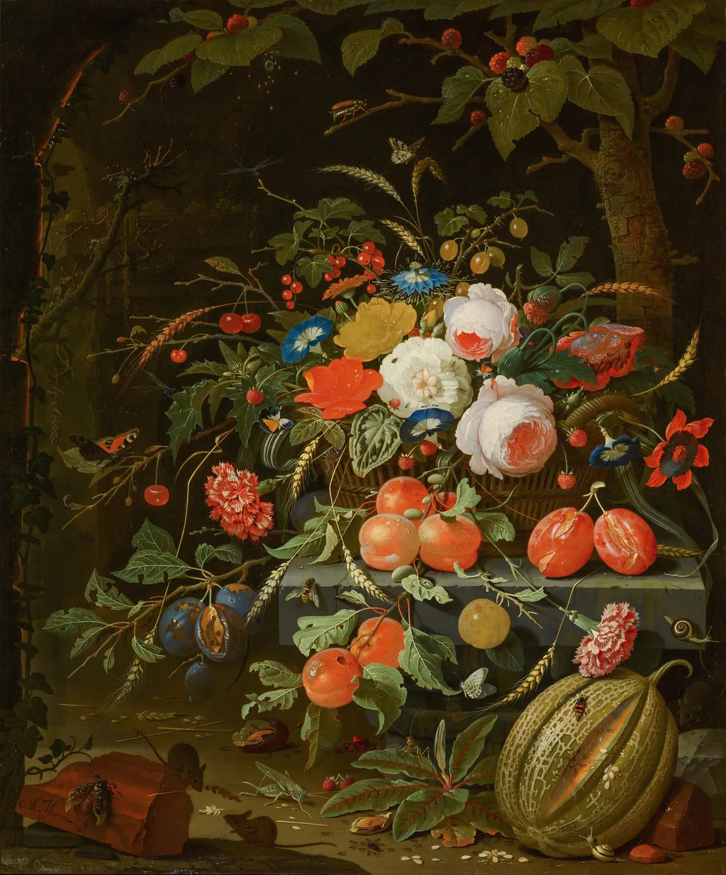 Flowers and Fruit, by Abraham Mignon, oil, 1674
