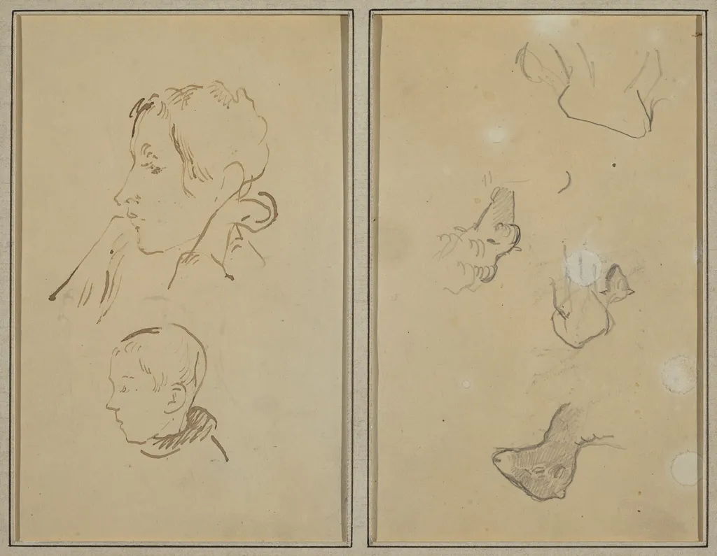 Two Heads; Studies of Sheep [recto], by Paul Gauguin, ink, 1886