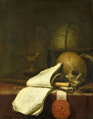 Vanitas still life, by Pieter Symonsz Potter, oil, 1646