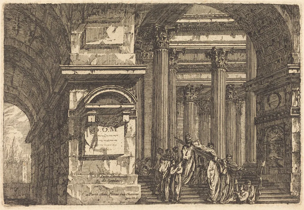 Funeral Scene in Imaginary Architecture, by Pierre Moreau, ink, 1722