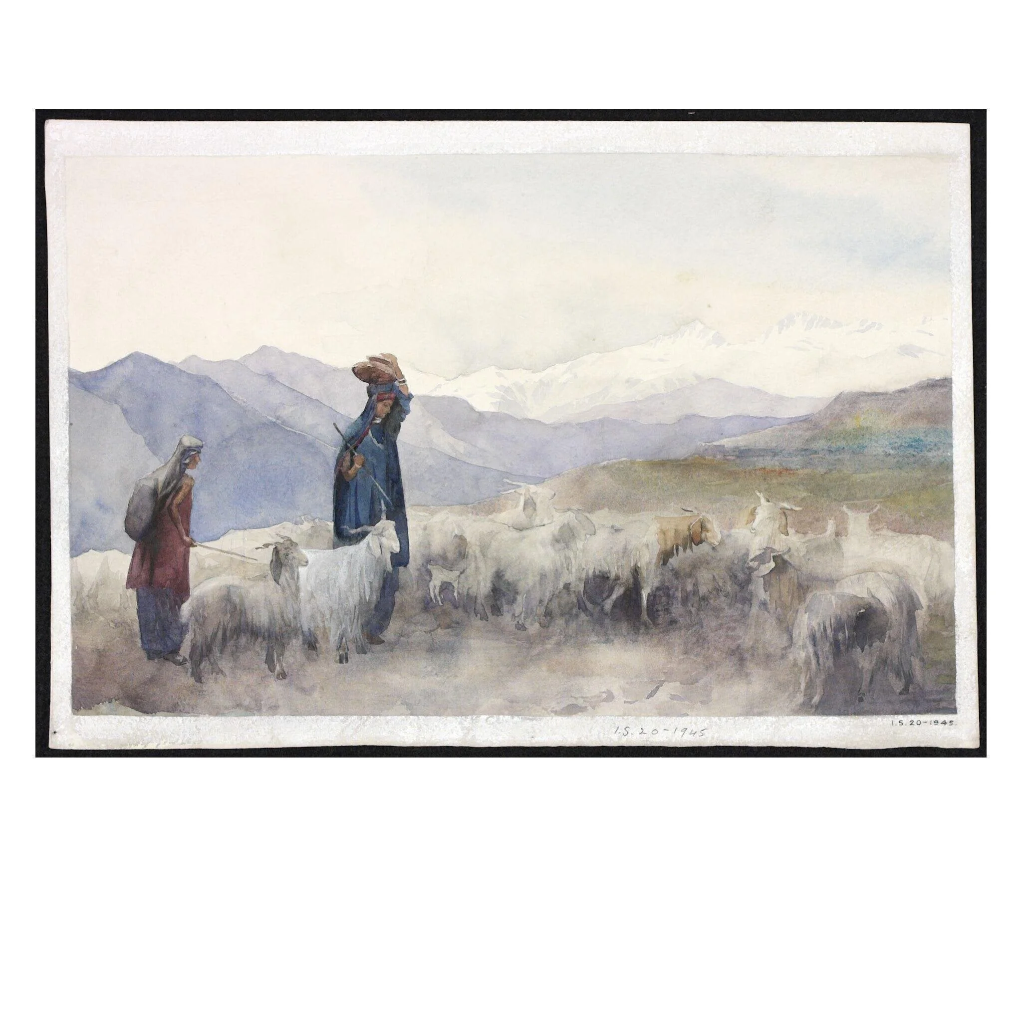 Shepherds in a mountain landscape, Kashmir, detail