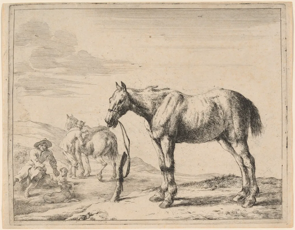 A Horse Bound to a Post, by Dirck Stoop, ink, 1651