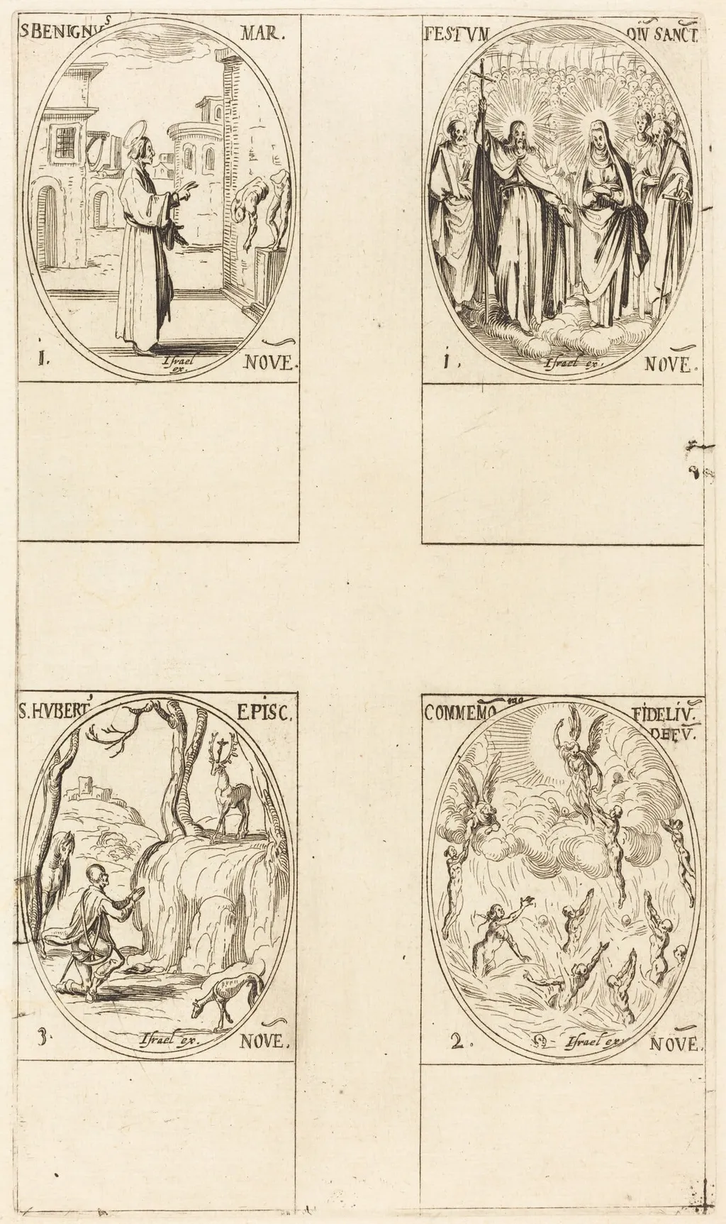 St. Benignus; Festival of All Saints; Commemoration of the Dead; St. Hubert, by Jacques Callot, ink, 1634