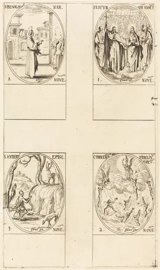 St. Benignus; Festival of All Saints; Commemoration of the Dead; St. Hubert, by Jacques Callot, ink, 1634