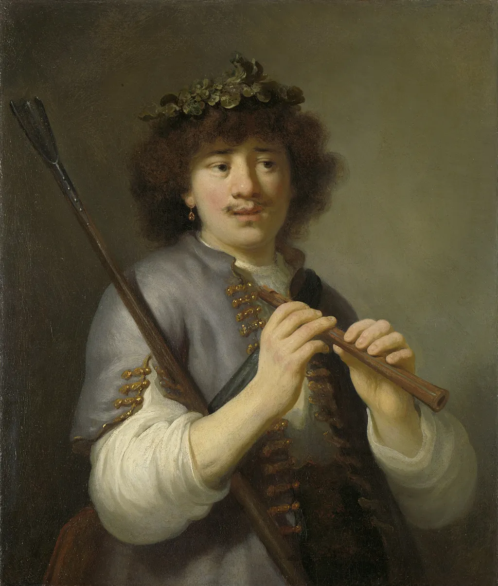 Rembrandt as sheperd with staff and flute, by Govert Flinck, oil, 1636