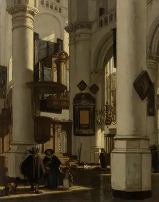 Interior of a Protestant, Gothic Church, with a Gravedigger in the Choir, by Emanuel de Witte, oil, 1669