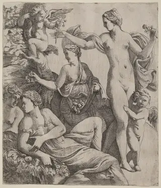 Venus with the Graces and Putti, by Pierre Biard the Younger, ink, 1624