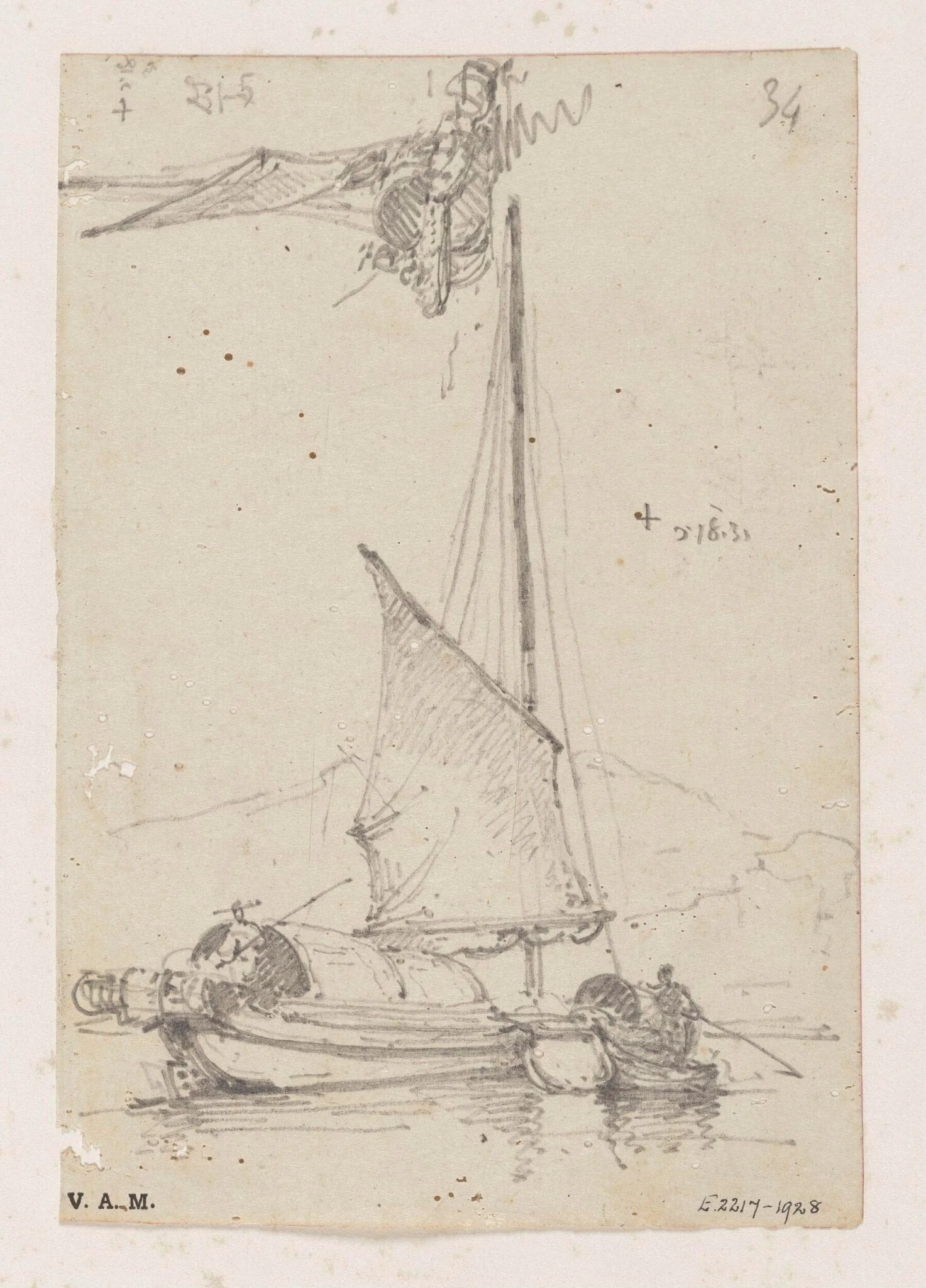 Two drawings of a Chinese boat under sail, detail