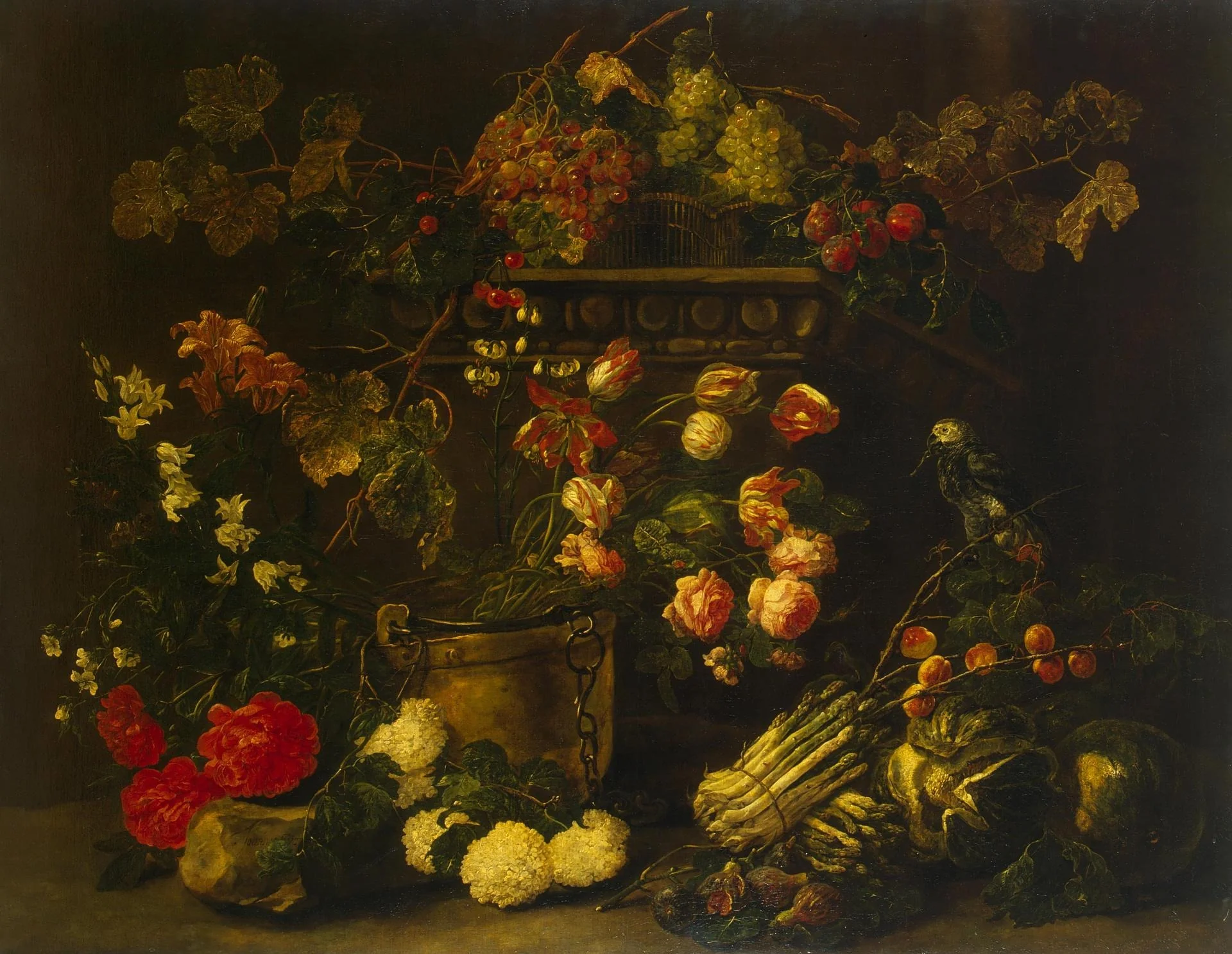 Still Life with Flowers, Fruit and Parrot, detail