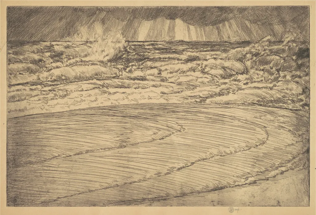 Heavy Surf, High Tide, Easthampton, by Childe Hassam, ink, 1920
